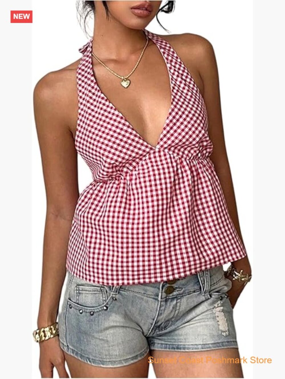 Gingham Plaid Halter Peplum Tank Top - Sleeveless Tie Back